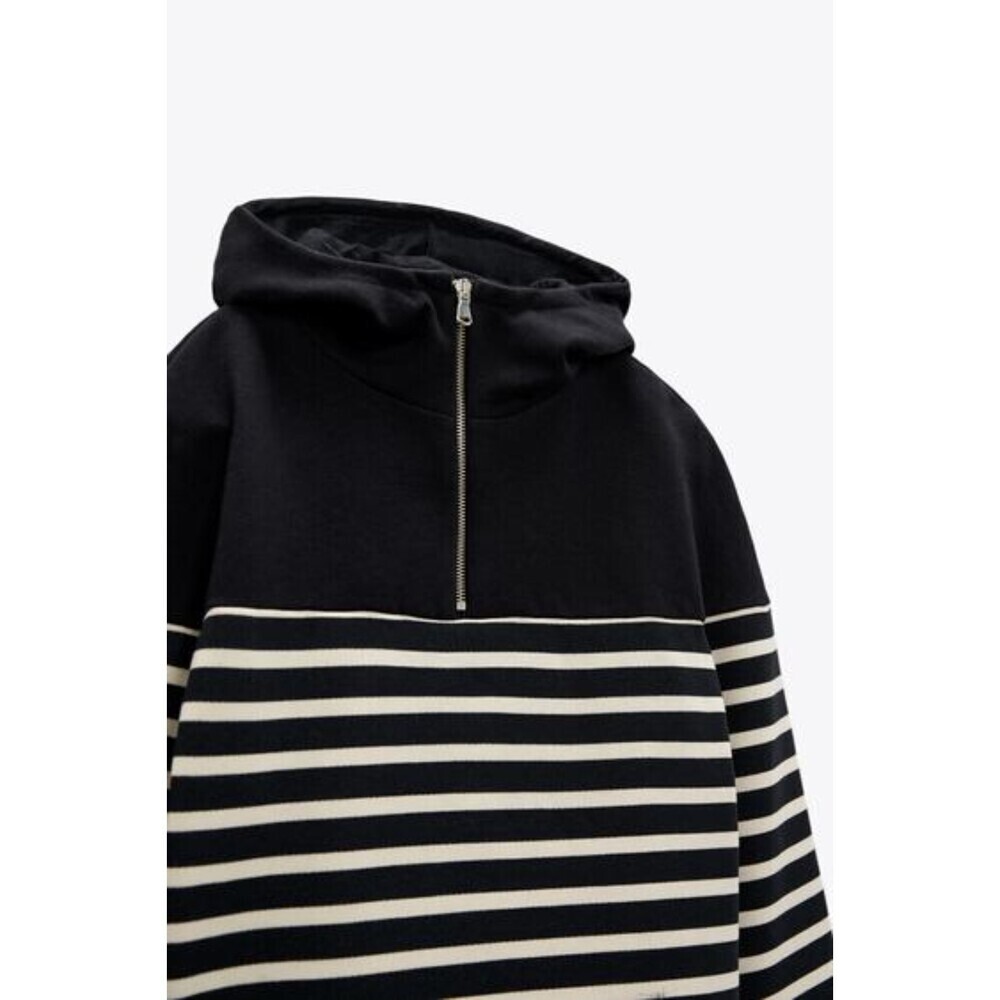 Navy Blue White Striped Zara Half Zip Long Sleeve Hoodie Sweatshirt (NWT) - Picture 7 of 9